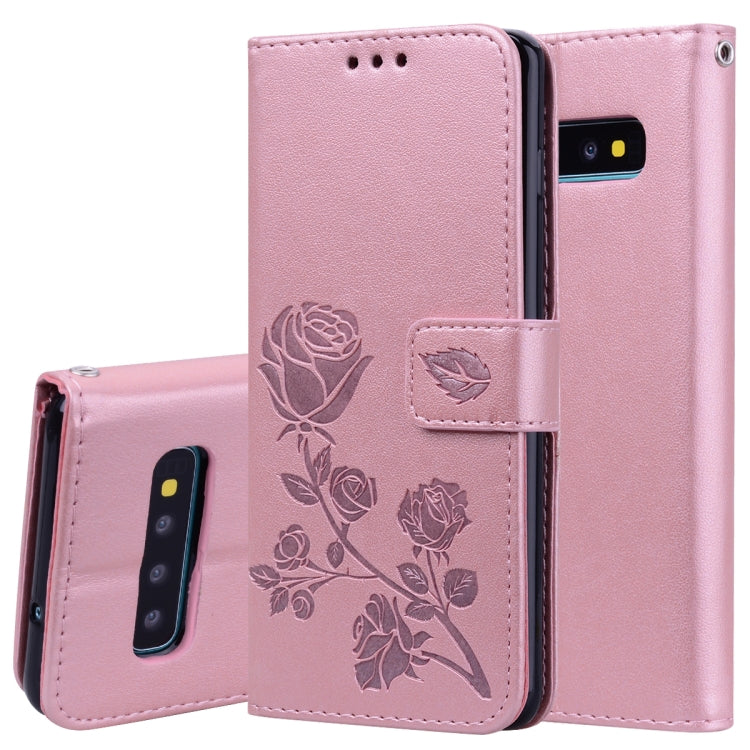 Étui à rabat horizontal en cuir PU avec motif rose en relief pour Galaxy S10, avec support, emplacements pour cartes et portefeuille. Pour Samsung Galaxy S10
