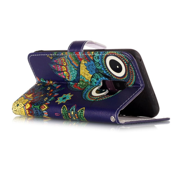 Étui à rabat horizontal en cuir brillant avec motif loup en relief, avec support, emplacements pour cartes et portefeuille, pour Galaxy S9+