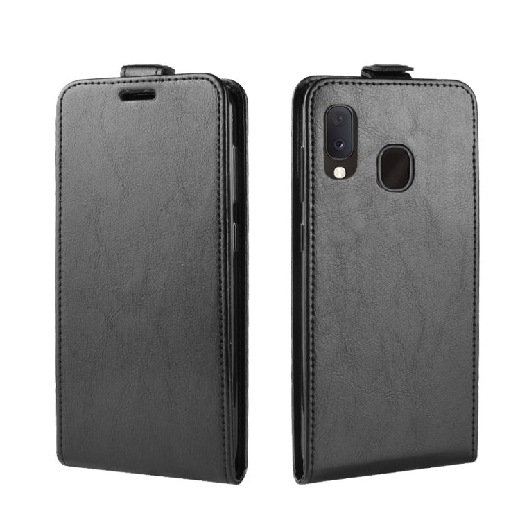 Étui à rabat vertical en cuir texturé R64 pour Galaxy A20e, avec emplacements pour cartes et cadre photo