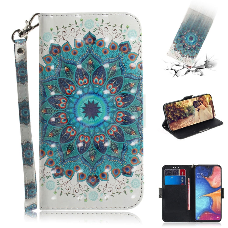 3D Colored Drawing Peacock Wreath Pattern Horizontal Flip Leather Case for Galaxy A20e, with Holder & Card Slots & Wallet