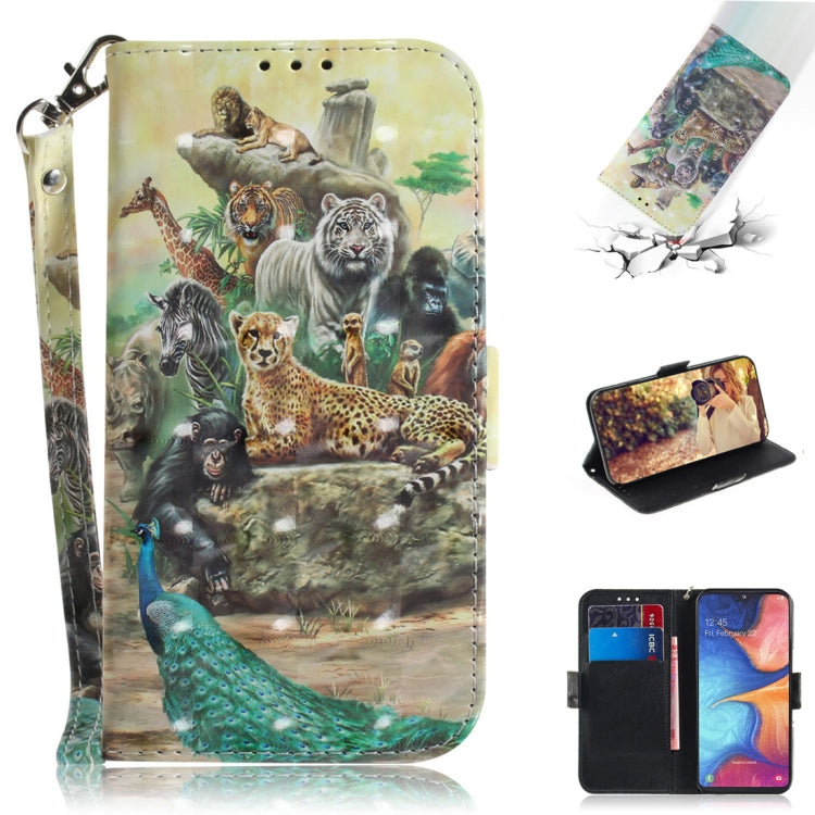 3D Colored Drawing Animals Pattern Horizontal Flip Leather Case for Galaxy A20e, with Holder & Card Slots & Wallet