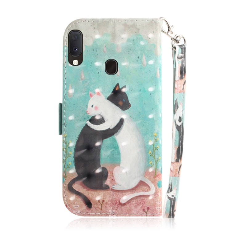 3D Colored Drawing Cats Pattern Horizontal Flip Leather Case for Galaxy A20e, with Holder & Card Slots & Wallet