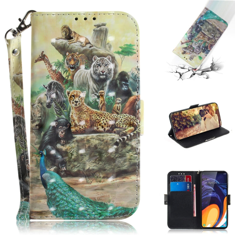3D Colored Drawing Animals Pattern Horizontal Flip Leather Case for Galaxy A60, with Holder & Card Slots & Wallet