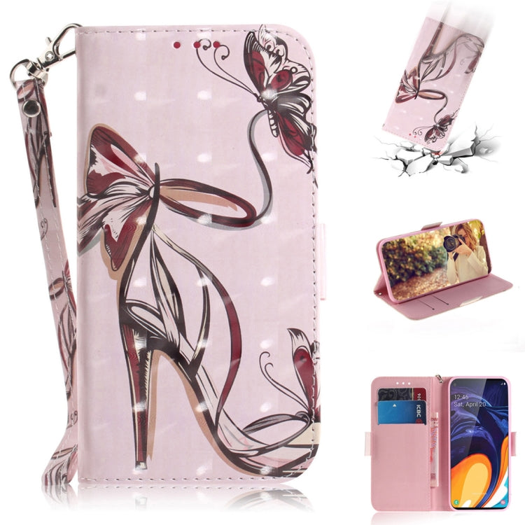 3D Colored Drawing Butterfly High-heeled Shoes Pattern Horizontal Flip Leather Case for Galaxy A60, with Holder & Card Slots & Wallet