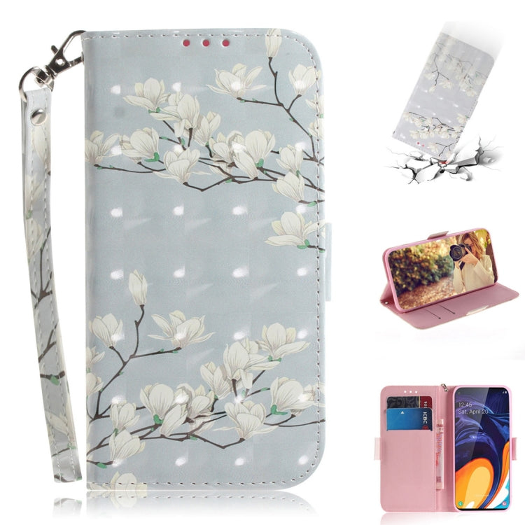 3D Colored Drawing Magnolia Pattern Horizontal Flip Leather Case for Galaxy A60, with Holder & Card Slots & Wallet