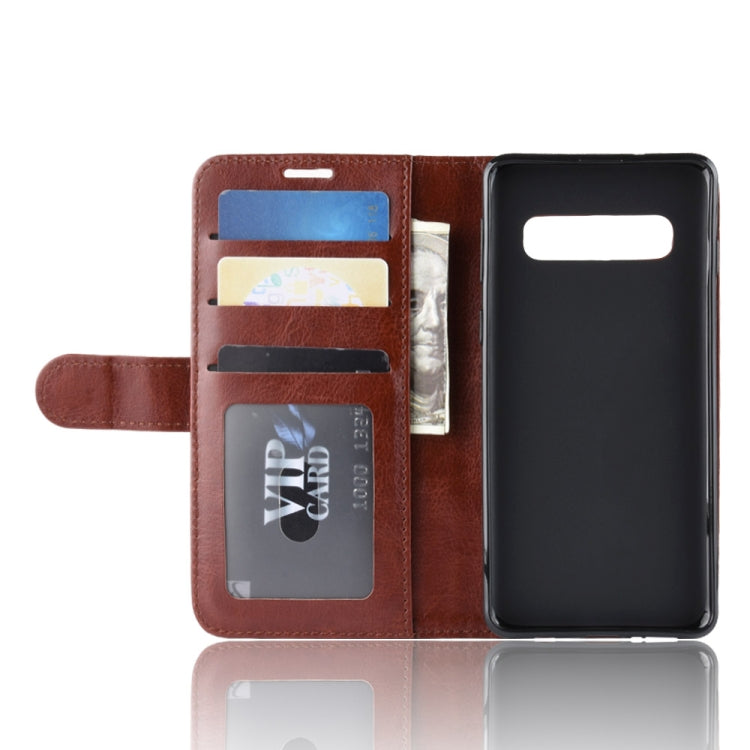 Étui en cuir à rabat horizontal R64 Texture pour Galaxy S10, avec support, emplacements pour cartes et portefeuille.