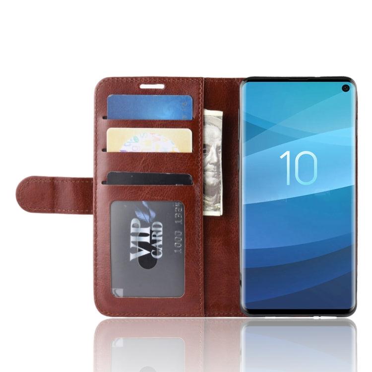 Étui en cuir à rabat horizontal R64 Texture pour Galaxy S10, avec support, emplacements pour cartes et portefeuille.