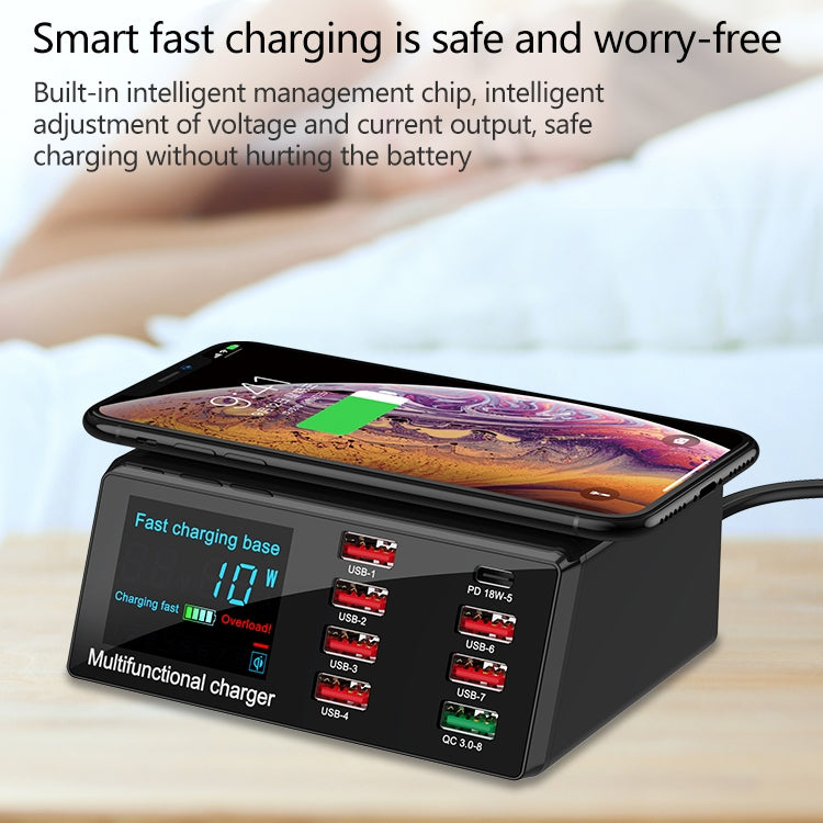 X9 9 in 1 QC 3.0 USB Interface + 6 USB Ports + PD 65W Ports + QI Wireless Fast Charging Multi-function Charger with LED Display