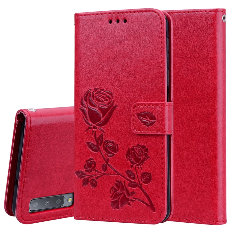 Étui à rabat horizontal en cuir PU avec motif rose gaufré pour Samsung Galaxy A7 (2018), avec support, emplacements pour cartes et portefeuille.