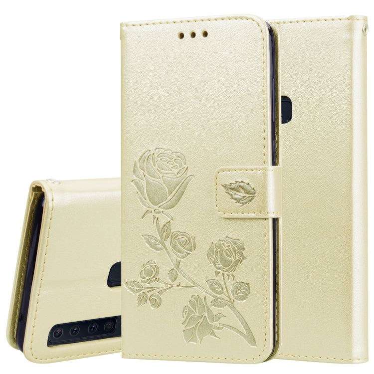 Étui à rabat horizontal en cuir PU avec motif rose en relief pour Samsung Galaxy A9 (2018), avec support, emplacements pour cartes et portefeuille.