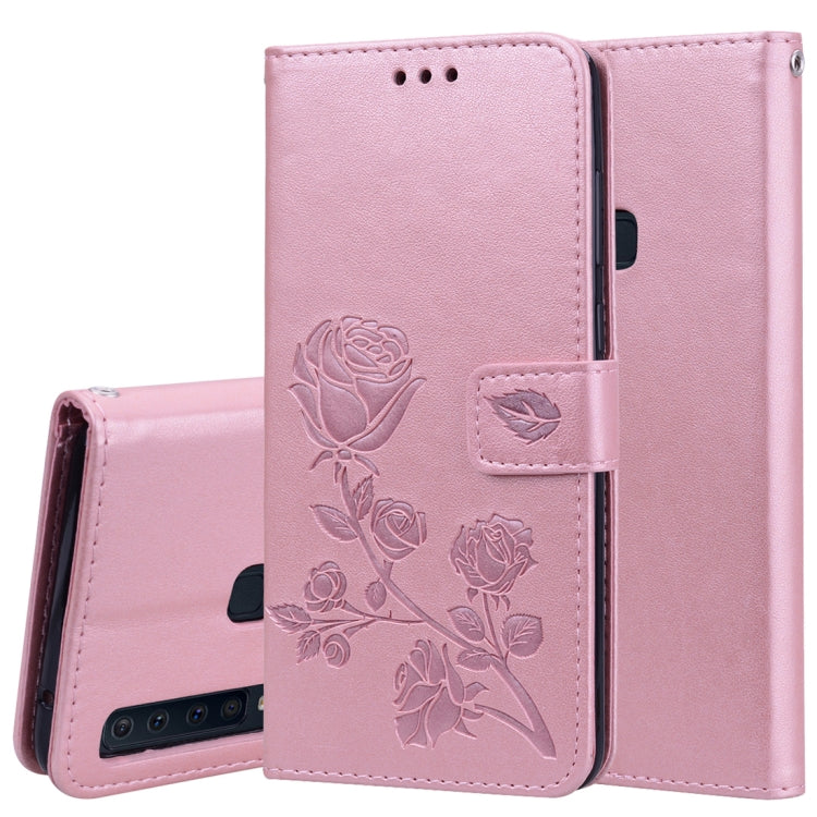 Étui à rabat horizontal en cuir PU avec motif rose en relief pour Samsung Galaxy A9 (2018), avec support, emplacements pour cartes et portefeuille.
