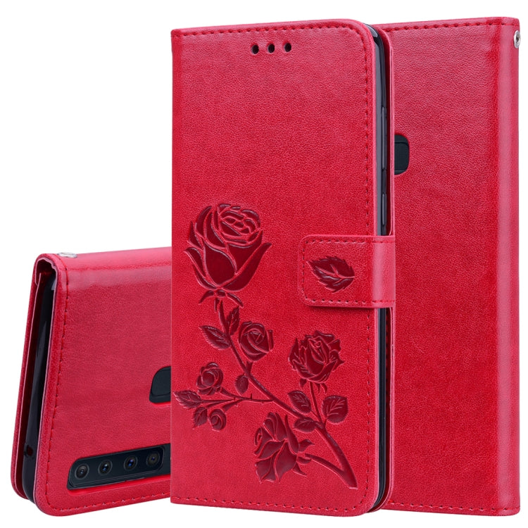 Étui à rabat horizontal en cuir PU avec motif rose en relief pour Samsung Galaxy A9 (2018), avec support, emplacements pour cartes et portefeuille.