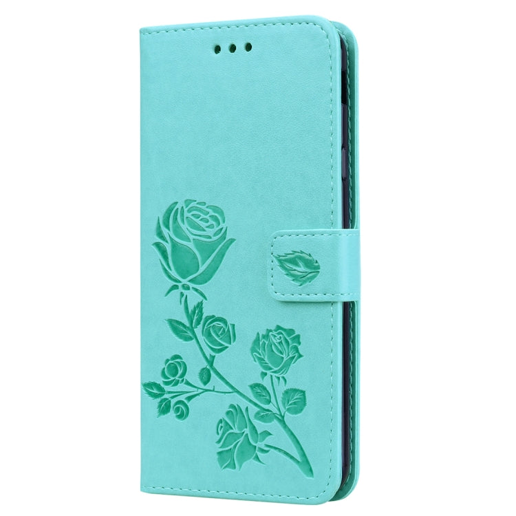 Étui à rabat horizontal en cuir PU avec motif rose en relief pour Samsung Galaxy J4 Plus, avec support, emplacements pour cartes et portefeuille.