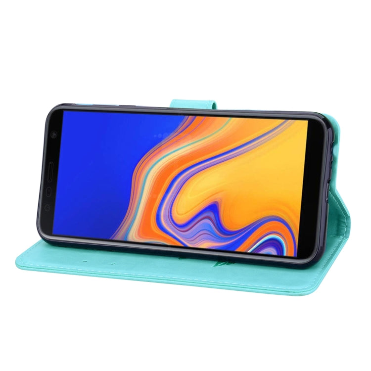 Étui à rabat horizontal en cuir PU avec motif rose en relief pour Samsung Galaxy J4 Plus, avec support, emplacements pour cartes et portefeuille.