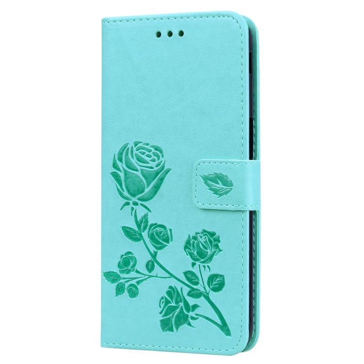 Étui à rabat horizontal en cuir PU avec motif rose en relief pour Samsung Galaxy J6 Plus, avec support, emplacements pour cartes et portefeuille.
