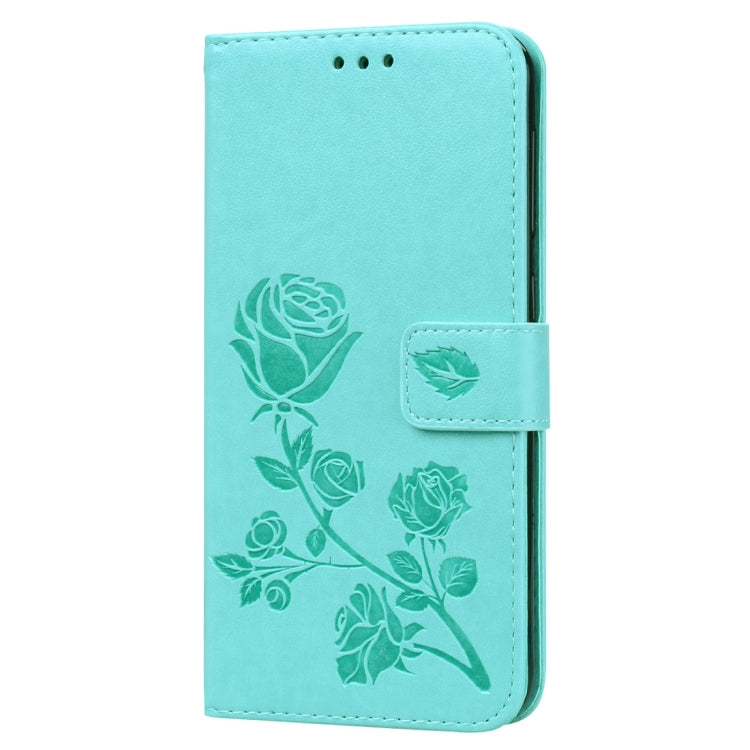 Étui à rabat horizontal en cuir PU avec motif rose en relief pour Galaxy A10, avec support, emplacements pour cartes et portefeuille. Pour Samsung Galaxy A10