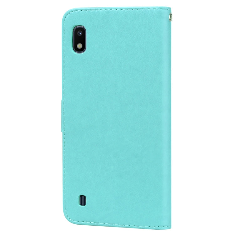 Étui à rabat horizontal en cuir PU avec motif rose en relief pour Galaxy A10, avec support, emplacements pour cartes et portefeuille. Pour Samsung Galaxy A10