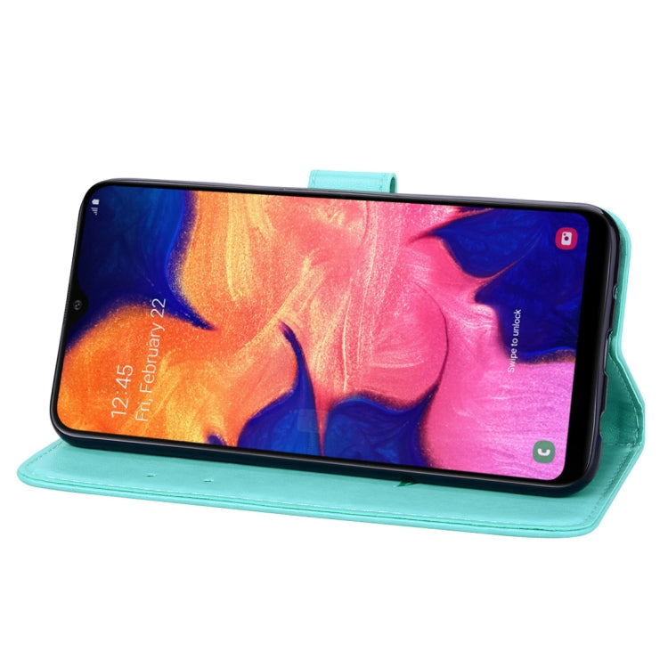 Étui à rabat horizontal en cuir PU avec motif rose en relief pour Galaxy A10, avec support, emplacements pour cartes et portefeuille. Pour Samsung Galaxy A10