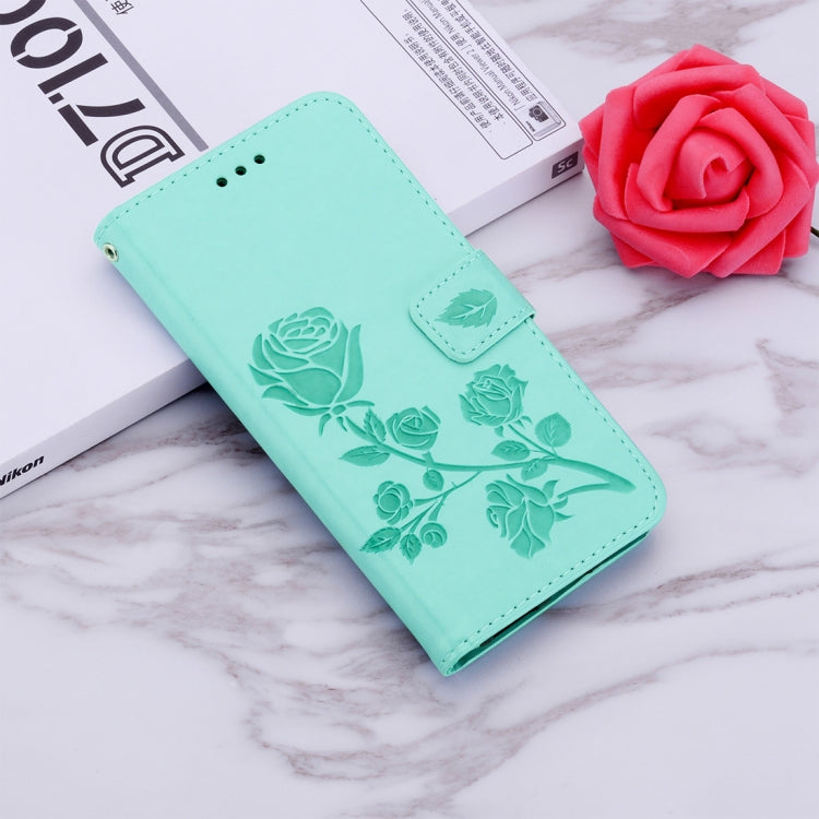 Étui à rabat horizontal en cuir PU avec motif rose en relief pour Galaxy A10, avec support, emplacements pour cartes et portefeuille. Pour Samsung Galaxy A10