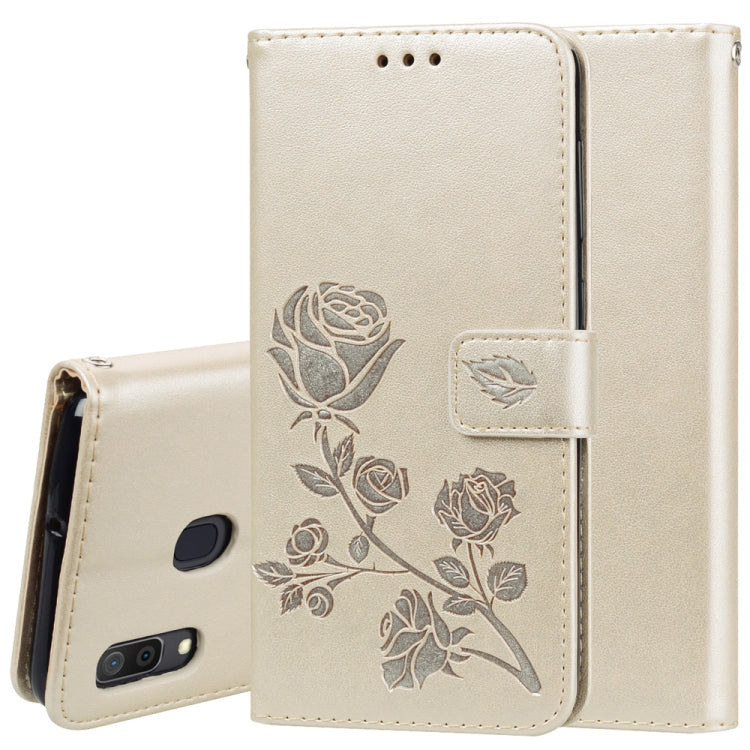 Étui à rabat horizontal en cuir PU avec motif rose en relief pour Galaxy A30/A20, avec support, emplacements pour cartes et portefeuille, pour Samsung Galaxy A30/A20