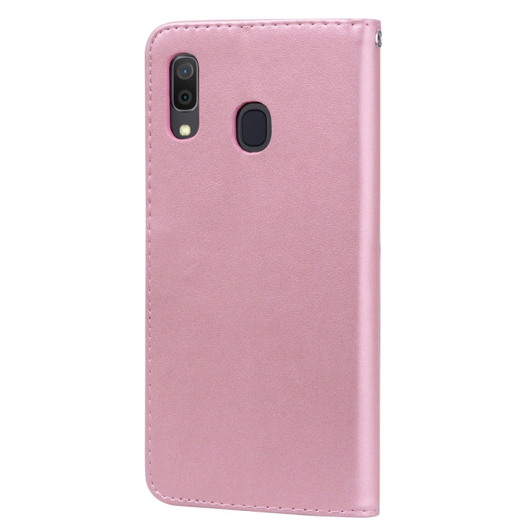 Étui à rabat horizontal en cuir PU avec motif rose en relief pour Galaxy A30/A20, avec support, emplacements pour cartes et portefeuille, pour Samsung Galaxy A30/A20
