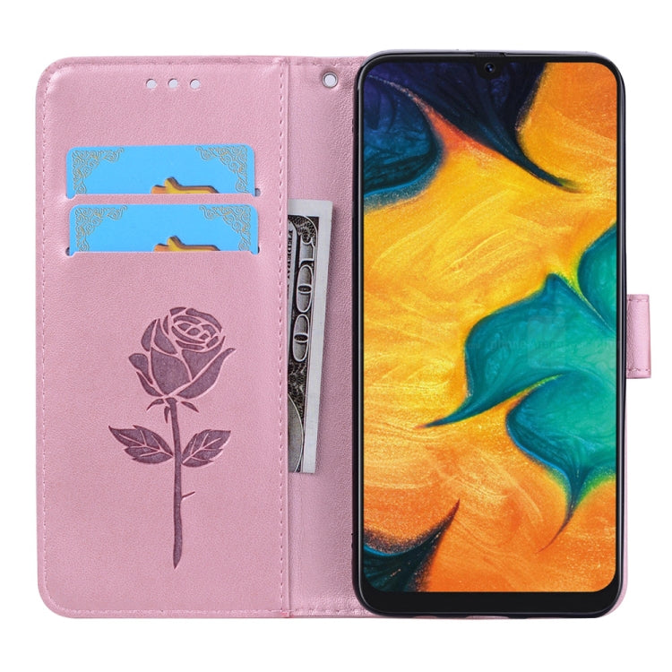 Étui à rabat horizontal en cuir PU avec motif rose en relief pour Galaxy A30/A20, avec support, emplacements pour cartes et portefeuille, pour Samsung Galaxy A30/A20