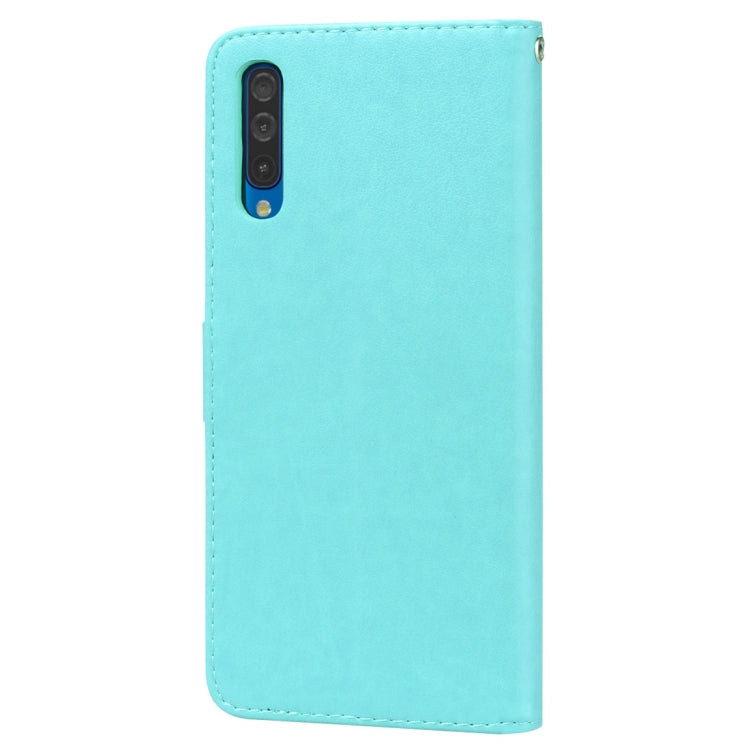 Étui à rabat horizontal en cuir PU avec motif rose en relief pour Galaxy A50, avec support, emplacements pour cartes et portefeuille. Pour Samsung Galaxy A50