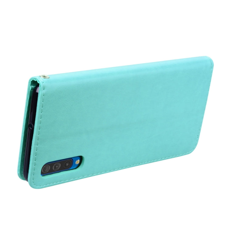 Étui à rabat horizontal en cuir PU avec motif rose en relief pour Galaxy A50, avec support, emplacements pour cartes et portefeuille. Pour Samsung Galaxy A50