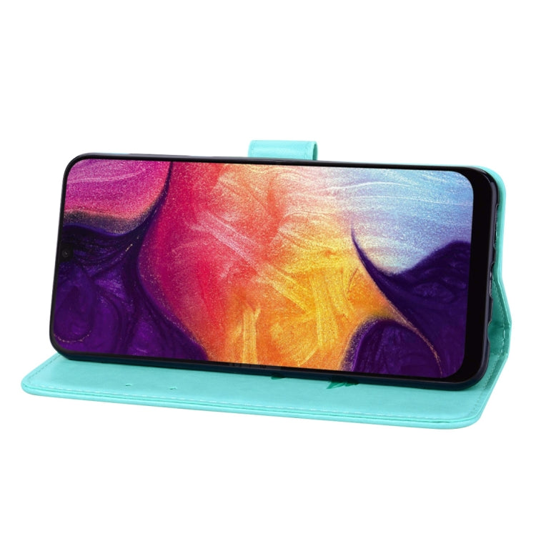 Étui à rabat horizontal en cuir PU avec motif rose en relief pour Galaxy A50, avec support, emplacements pour cartes et portefeuille. Pour Samsung Galaxy A50
