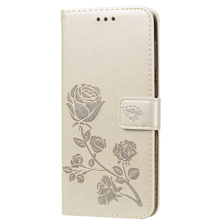 Étui à rabat horizontal en cuir PU avec motif rose en relief pour Galaxy A50, avec support, emplacements pour cartes et portefeuille. Pour Samsung Galaxy A50