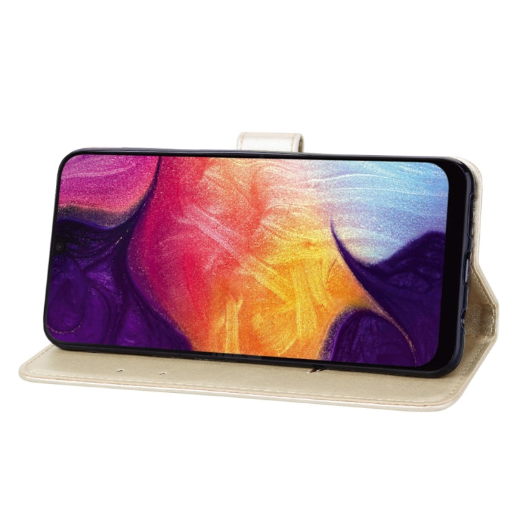 Étui à rabat horizontal en cuir PU avec motif rose en relief pour Galaxy A50, avec support, emplacements pour cartes et portefeuille. Pour Samsung Galaxy A50