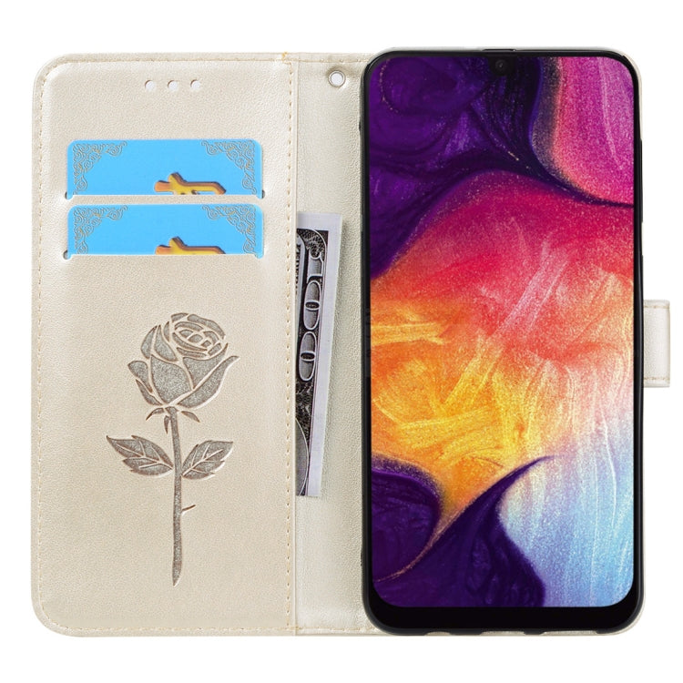 Étui à rabat horizontal en cuir PU avec motif rose en relief pour Galaxy A50, avec support, emplacements pour cartes et portefeuille. Pour Samsung Galaxy A50