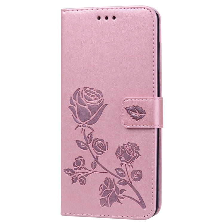 Étui à rabat horizontal en cuir PU avec motif rose en relief pour Galaxy A70, avec support, emplacements pour cartes et portefeuille. Pour Samsung Galaxy A70