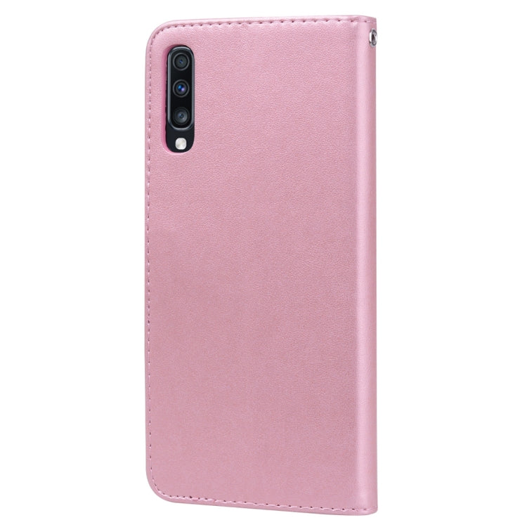 Étui à rabat horizontal en cuir PU avec motif rose en relief pour Galaxy A70, avec support, emplacements pour cartes et portefeuille. Pour Samsung Galaxy A70