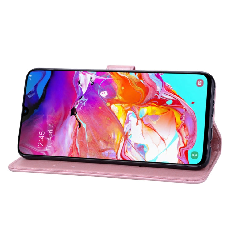 Étui à rabat horizontal en cuir PU avec motif rose en relief pour Galaxy A70, avec support, emplacements pour cartes et portefeuille. Pour Samsung Galaxy A70