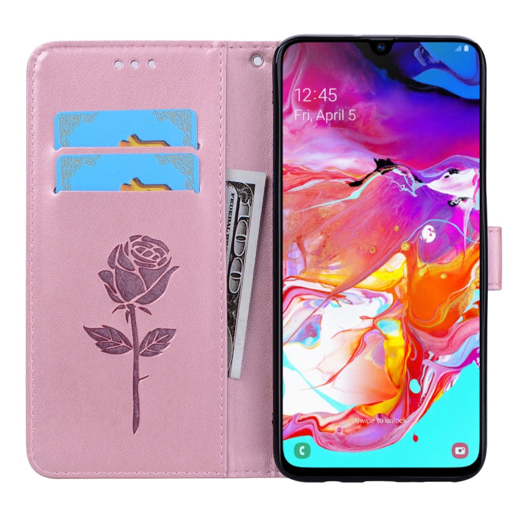 Étui à rabat horizontal en cuir PU avec motif rose en relief pour Galaxy A70, avec support, emplacements pour cartes et portefeuille. Pour Samsung Galaxy A70