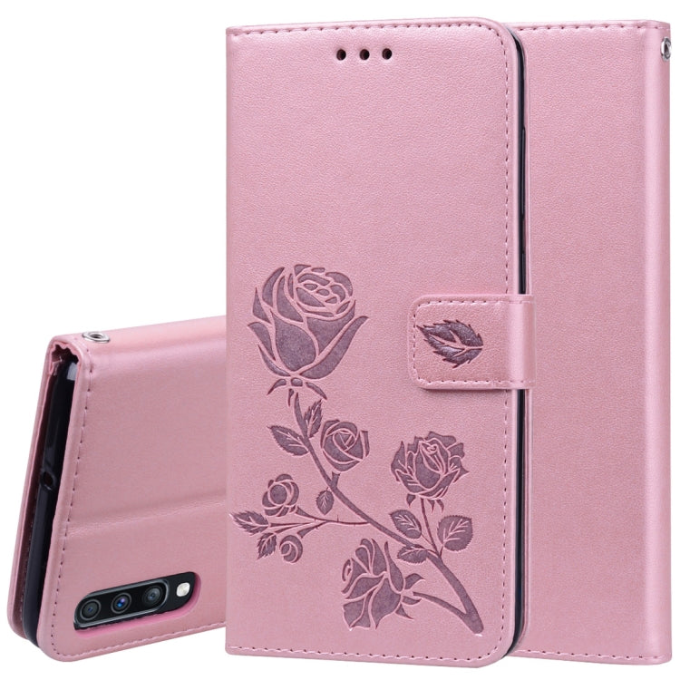 Étui à rabat horizontal en cuir PU avec motif rose en relief pour Galaxy A70, avec support, emplacements pour cartes et portefeuille. Pour Samsung Galaxy A70