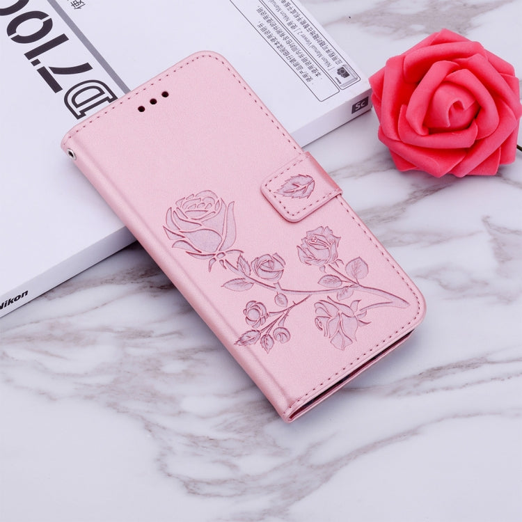 Étui à rabat horizontal en cuir PU avec motif rose en relief pour Galaxy A70, avec support, emplacements pour cartes et portefeuille. Pour Samsung Galaxy A70