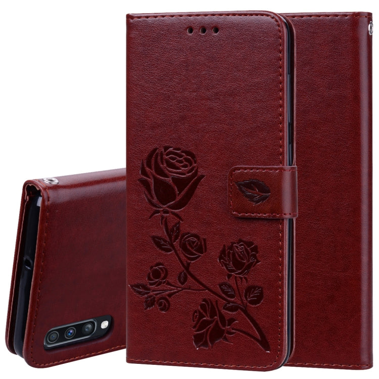 Étui à rabat horizontal en cuir PU avec motif rose en relief pour Galaxy A70, avec support, emplacements pour cartes et portefeuille. Pour Samsung Galaxy A70