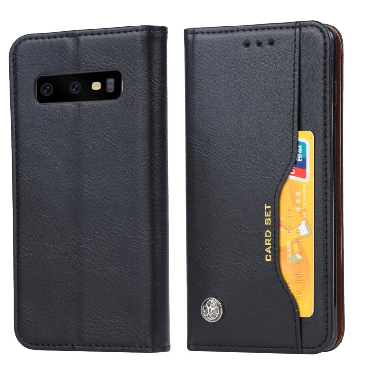 Étui à rabat horizontal en cuir texturé pour Galaxy S10, avec cadre photo, support, emplacements pour cartes et portefeuille.