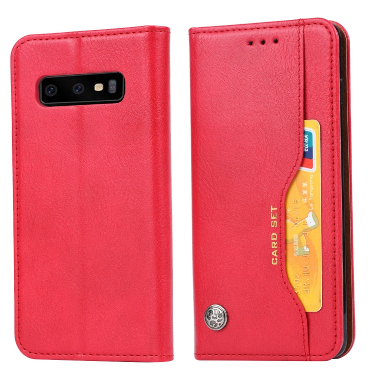 Étui à rabat horizontal en cuir texturé pour Galaxy S10, avec cadre photo, support, emplacements pour cartes et portefeuille.