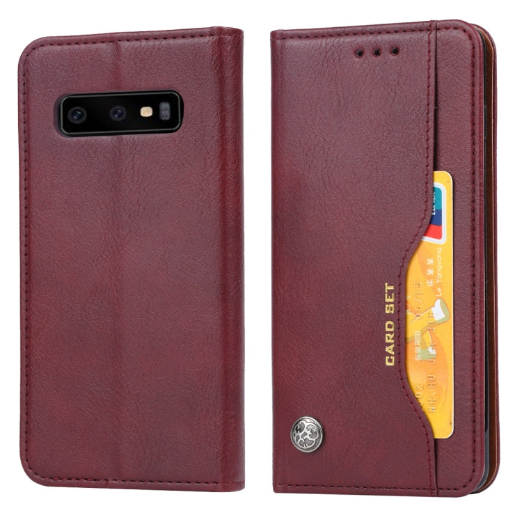 Étui à rabat horizontal en cuir texturé pour Galaxy S10, avec cadre photo, support, emplacements pour cartes et portefeuille.