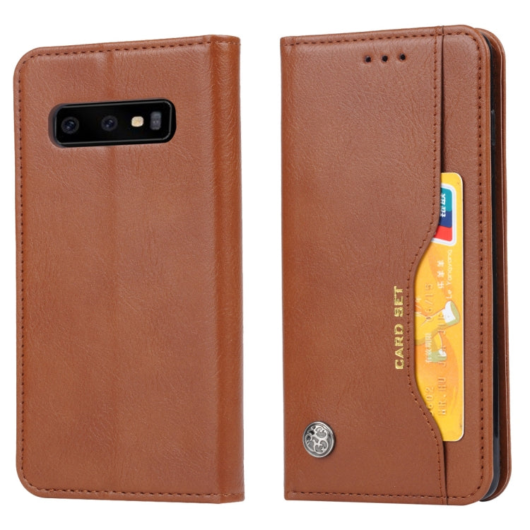 Étui à rabat horizontal en cuir texturé pour Galaxy S10, avec cadre photo, support, emplacements pour cartes et portefeuille.