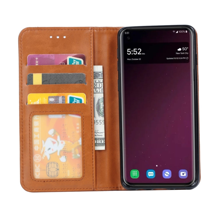 Étui à rabat horizontal en cuir texturé pour Galaxy S10, avec cadre photo, support, emplacements pour cartes et portefeuille.
