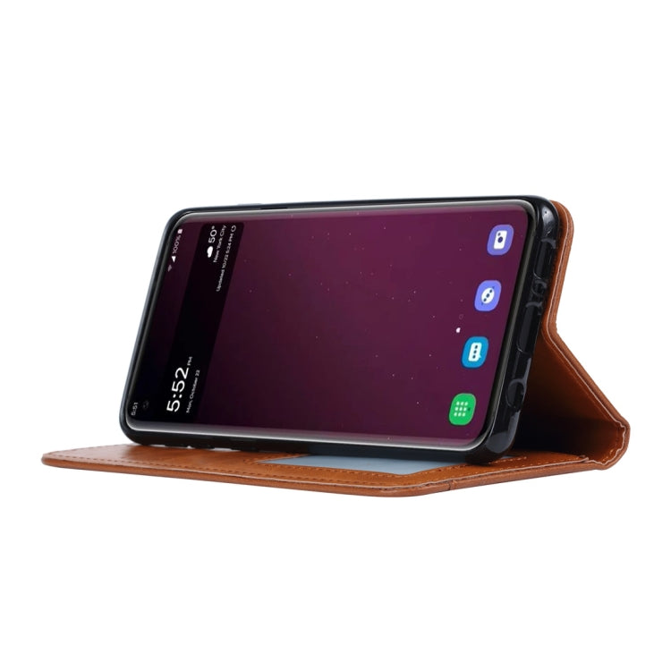 Étui à rabat horizontal en cuir texturé pour Galaxy S10, avec cadre photo, support, emplacements pour cartes et portefeuille.