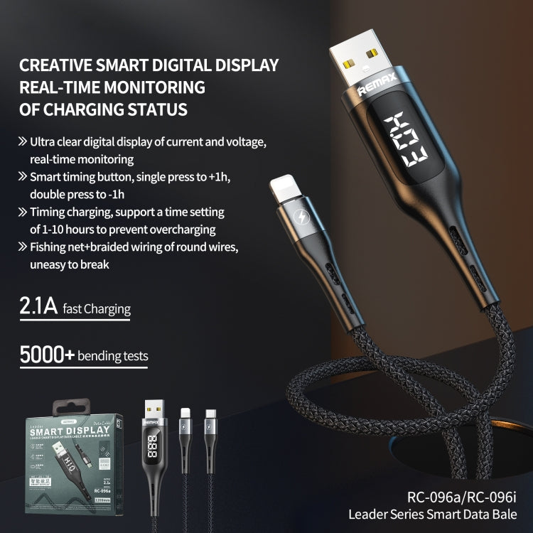 REMAX RC-096a Leader 1.2m 2.1 USB to USB-C / Type-C Intelligent Digital Display Aluminum Alloy Braid Fast Charging Data Cable, SAS6166A, SAS6166B