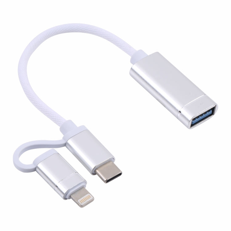 Câble adaptateur OTG en nylon tressé, USB 3.0 femelle vers 8 broches + USB-C / Type-C mâle, charge et transmission, longueur : 11 cm, 8 broches noir, 8 broches argent et blanc, 8 broches argent, 8 broches rouge, 8 broches bleu