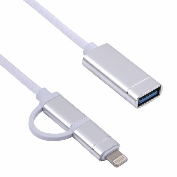 Câble adaptateur OTG en nylon tressé, USB 3.0 femelle vers 8 broches + USB-C / Type-C mâle, charge et transmission, longueur : 11 cm, 8 broches noir, 8 broches argent et blanc, 8 broches argent, 8 broches rouge, 8 broches bleu