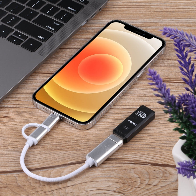 Câble adaptateur OTG en nylon tressé, USB 3.0 femelle vers 8 broches + USB-C / Type-C mâle, charge et transmission, longueur : 11 cm, 8 broches noir, 8 broches argent et blanc, 8 broches argent, 8 broches rouge, 8 broches bleu