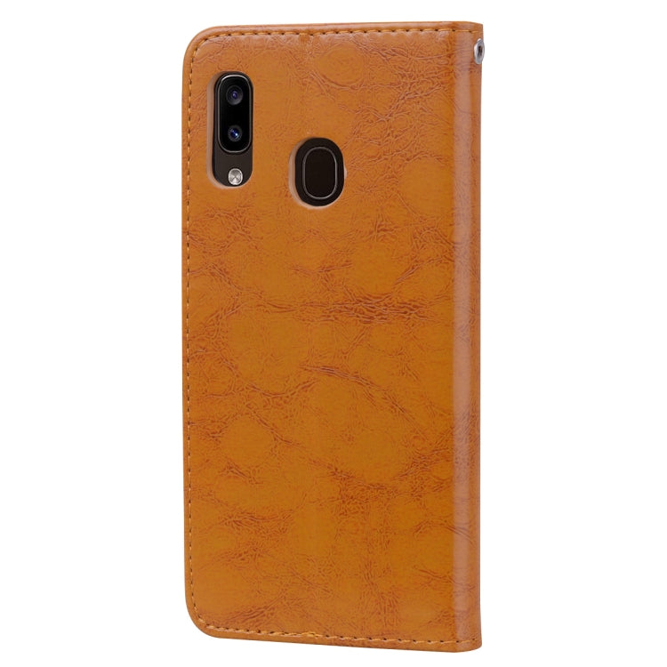 Étui à rabat horizontal en cuir texturé style business pour Galaxy A20e, avec support, emplacements pour cartes et portefeuille.